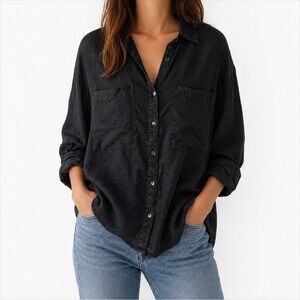 Magaschoni Black 100% Linen Button Down Shirt Roll Tab Sleeve Medium